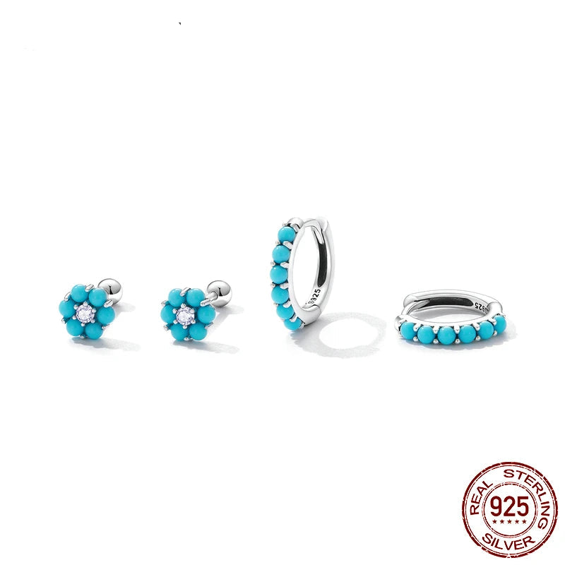 Boucles d'oreilles créoles simples rondes en turquoise  en argent sterling 925