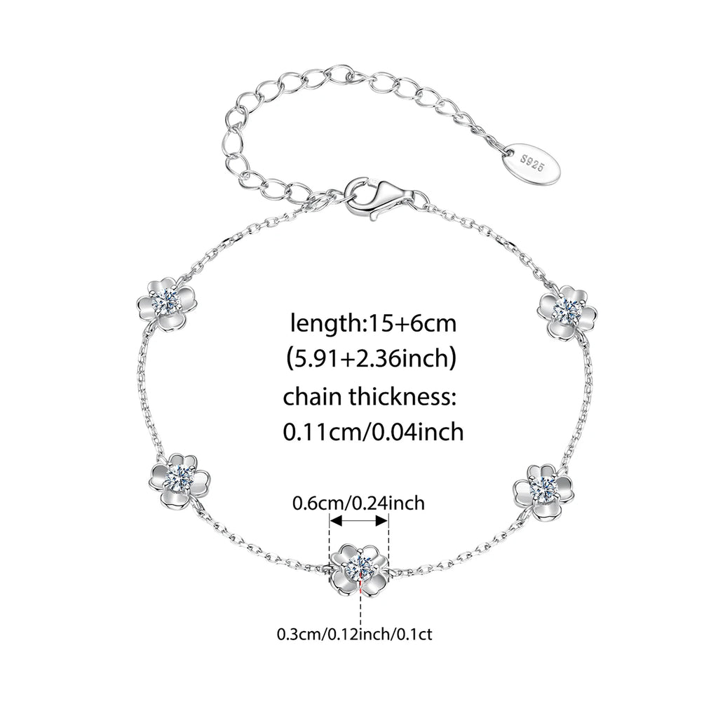 Bracelet en argent sterling 925 avec moissanite en forme de trèfle 0,5 Carat, chaîne à maillons de fleur réglable